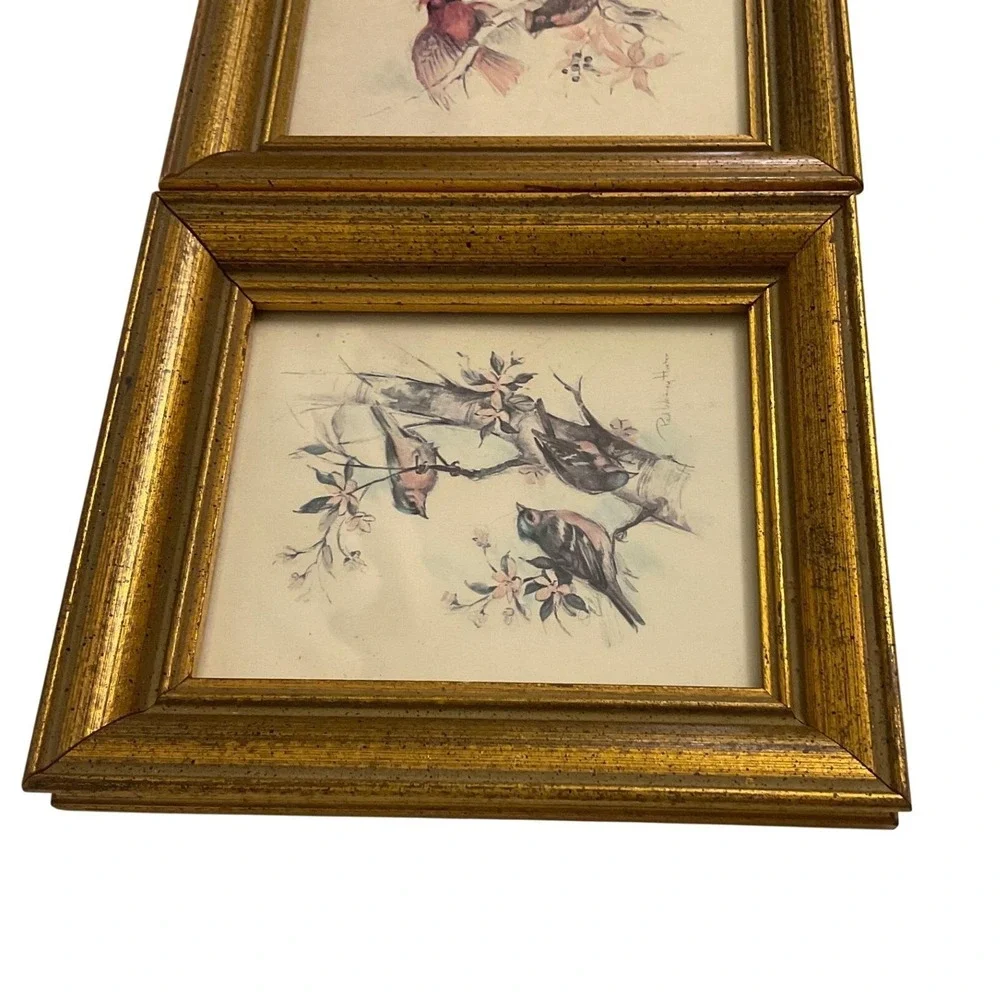 Vintage Paul Whitney Hunter Framed Bird Prints Set of 2 Cardinals Songbirds Gold